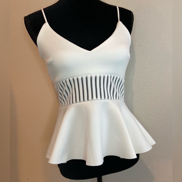 ASOS~NWT~White V-Neck Fitted Top~Sheer Mesh Stripy Waist~Ruffle Bottom~Size 6 - Picture 1 of 14